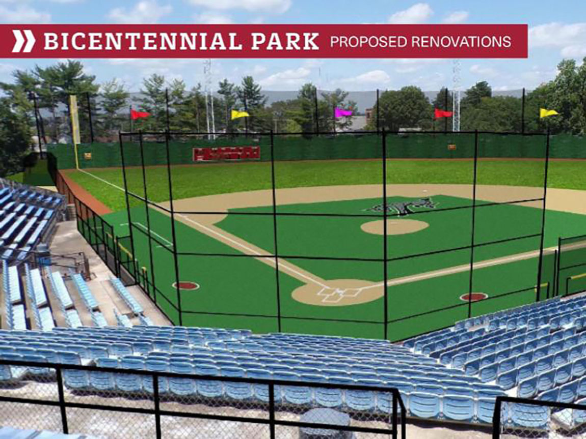 A rendering of a baseball field, from the bleachers behind home plate